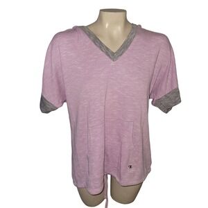 Champion Short‎ Sleeve Hoodie Pink Heathered Knit Kangaroo Pocket Drawstring M